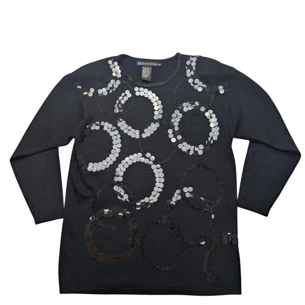 I.B. Diffusion Sweater Womens L Black Sequin Circle Beaded Wool Blend Pullover